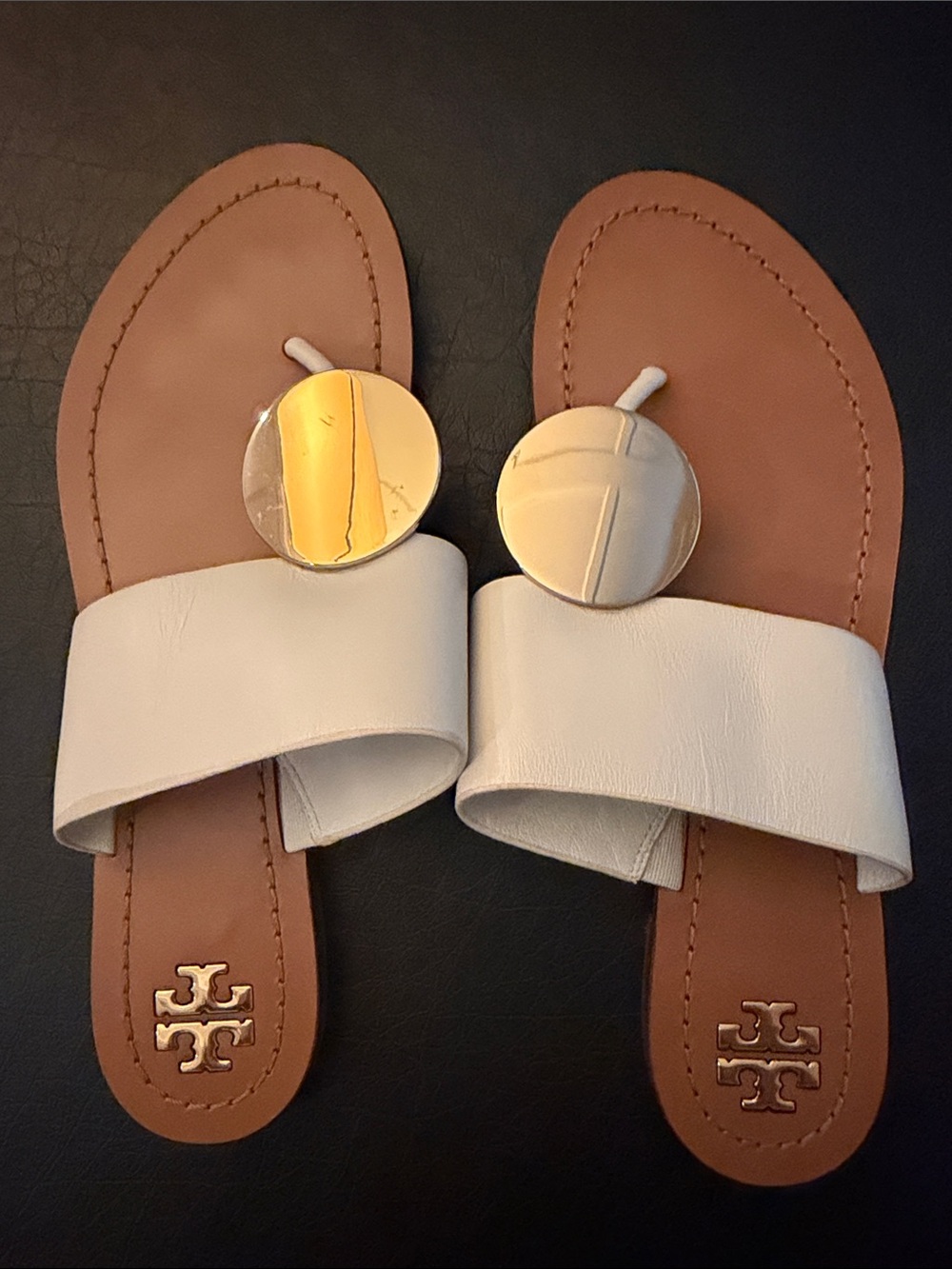 Tory Burch White Leather Slip-On Sandals with Gold Medallions